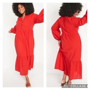 Old Navy Seersucker All Day Midi Tiered Dress Red Long Sleeves Size Large